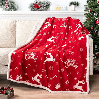 PAVILIA Red Reindeer Christmas Sherpa Throw Blanket, Ultra Soft Reversible Fleece Sherpa 60x80 Winter Blanket for Couch & Bed, Cozy Christmas Home Decor Holiday