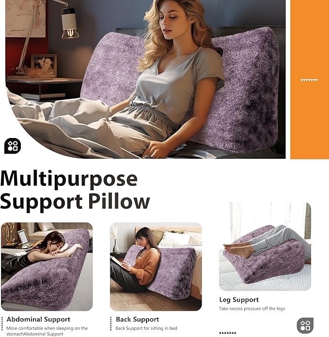 14LB Thickened Wedge Pillow Headboard Body Positioner Bed Wedge Pillow Backrest Support Triangular Headboard Pillow for Sleeping with Side Pocket Velvet Positioning Support Rabbit Purple Queen