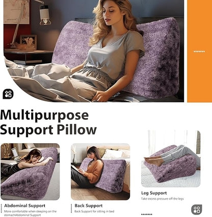 14LB Thickened Wedge Pillow Headboard Body Positioner Bed Wedge Pillow Backrest Support Triangular Headboard Pillow for Sleeping with Side Pocket Velvet Positioning Support Rabbit Purple Queen