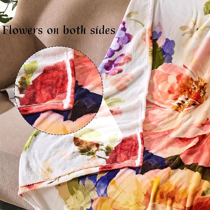 Floral Throw Blanket Birthday Gift for Women Mom Girls Paintings Flowers Blanket Summer Wildflower Flannel Blanket Watercolor Printed Throw for Couch Sofa Bed Chair 60"x80"
