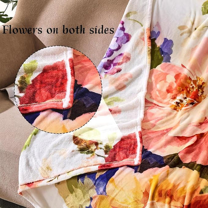 Floral Throw Blanket Birthday Gift for Women Mom Girls Paintings Flowers Blanket Summer Wildflower Flannel Blanket Watercolor Printed Throw for Couch Sofa Bed Chair 50"x60"