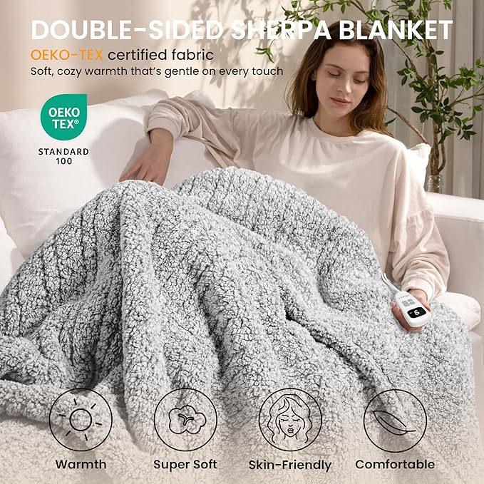 Heated Blanket Electric Blanket Twin - Fast Heating Blanket Throw Double Sided Sherpa Ultra Soft Cozy with 10 Heating Levels & 2-10 Hours Auto Off, Mashine Washable, 62 x 84 Inches, Grey