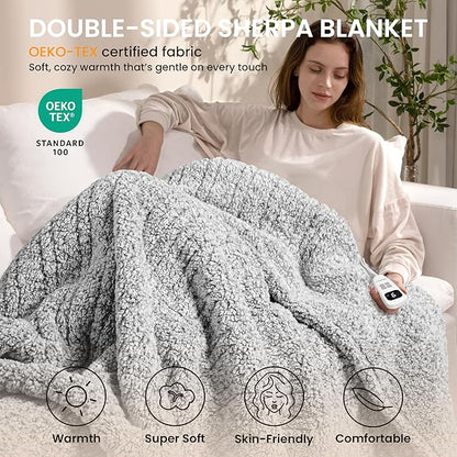 Heated Blanket Electric Blanket Throw - Fast Heating Blanket Throw Double Sided Sherpa Ultra Soft Cozy with 6 Heating Levels & 1-4 Hours Auto Off, Mashine Washable, 50 x 60 Inches, Grey