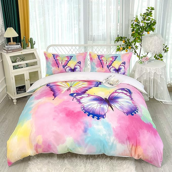 CVHOUSE Butterfly Duvet Cover Set Full Size,Butterfly Bedding Set,Butterflies Printed Comforter Cover Set for Girls Kids Teens,1 Quilt Cover 2 Pillowcases 3 Piece
