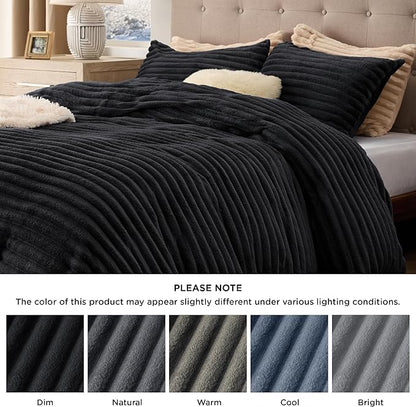 Bedsure Fluffy Duvet Cover Set - Ultra Soft Plush Shaggy Comforter Cover Queen Size, Warm Flannel Fleece Bed Sets for Winter, 3 Pieces (Striped Pattern, Black)