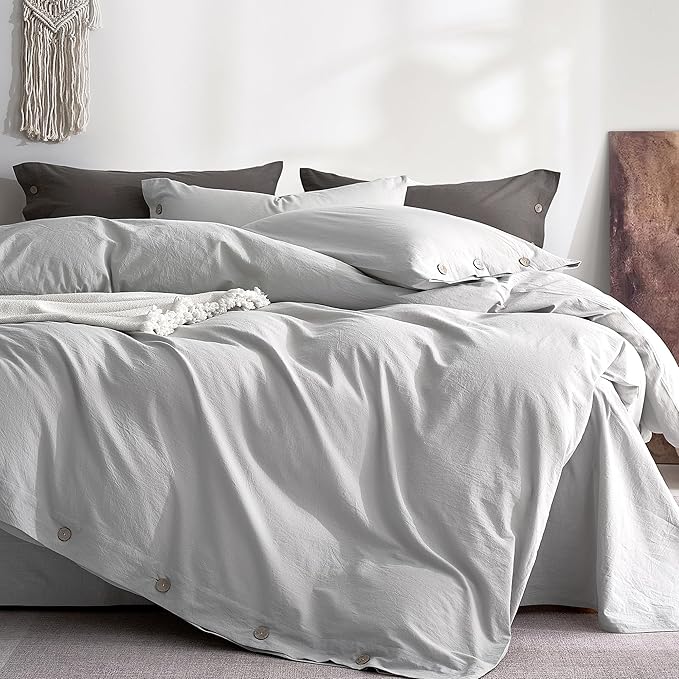 JELLYMONI 100% Washed Cotton Duvet Cover Twin – Soft, Breathable Linen-Look Bedding with Natural Wrinkle Texture, Button Closure, 3-Piece Set (Pale Grey, 68"x90")
