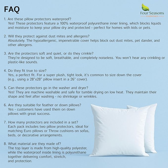 Throw Pillow Covers (Set of 2) - Square 20x20 - Pillow Protectors Waterproof Hypoallergenic Dust Proof Zippered Encasement
