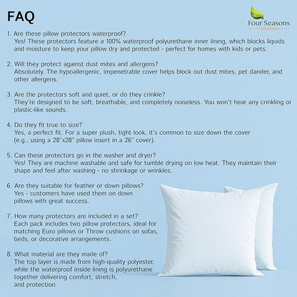 Euro Size Pillow Protectors (Set of 2) - European Square 26x26 Pillow Covers Waterproof Hypoallergenic Dust Proof Zippered Encasement