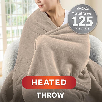 Sunbeam Electric Throw Royal Luxe Microplush Heated Blanket, 4 Heat Settings, 4-Hour Auto Shut-Off, Fast Heating, Warm and Cozy, Peyote Color, 50" x 60"