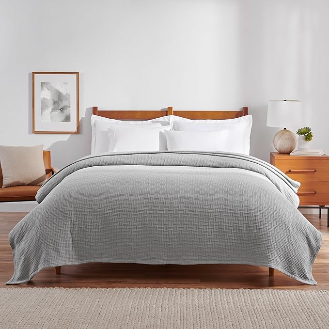 Arkwright Basket Weave Queen Blanket - 100% Ringspun Cotton All Season Blankets, Luxury Hotel Quality, Soft on Skin, Breathable, 300 GSM for Bed, Sofa, and Chair, 90 X 90 in, Grey