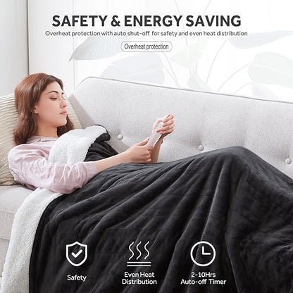 Heated Blanket Electric Blanket King Size Soft Flannel Sherpa, 6 Heat Levels Fast Heating, 2 to 10 Hours Auto-Off Detachable Controller Machine Washable, Grey 100"x90"