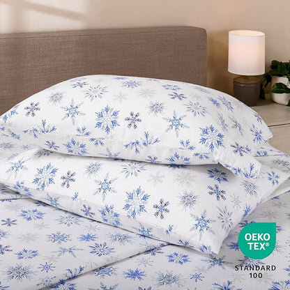 Bare Home Cotton Flannel Sheet Set Prints, 100% Cotton, Velvety Soft Heavyweight - Double Brushed for Softness & Comfort - Deep Pocket - Bed Sheets (King, Snowflakes)