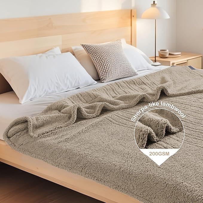 Electric Heated Blanket Twin Size 62"×84" with 6 Heating Levels & 1-10Hs Auto Off, Heating Blanket Double Sided Plush Sherpa, Fast Heating, Machine Washable for Christmas Gift - Light Brown