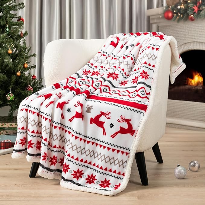 PAVILIA Red White Snowflake Reindeer Christmas Sherpa Throw Blanket, Soft Reversible Fleece Sherpa 60x80 Winter Blanket for Couch & Bed, Christmas Decor