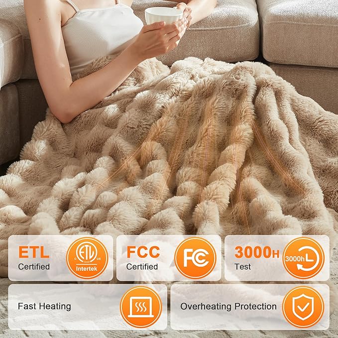 Heated Throw Blanket - Plush Thick Bubble Faux Fur Heated Blanket, Fast Heating Electric Blanket 6 Heating Levels & 4 Hours Auto-Off, Machine Washable, 50"x60", Oatmeal