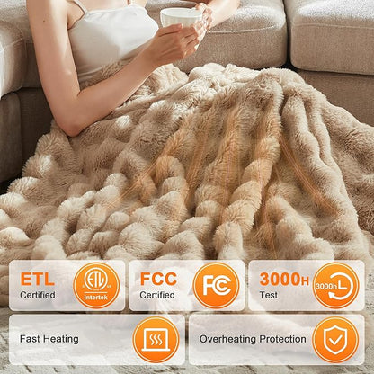 Heated Throw Blanket - Plush Thick Bubble Faux Fur Heated Blanket, Fast Heating Electric Blanket 6 Heating Levels & 4 Hours Auto-Off, Machine Washable, 50"x60", Oatmeal