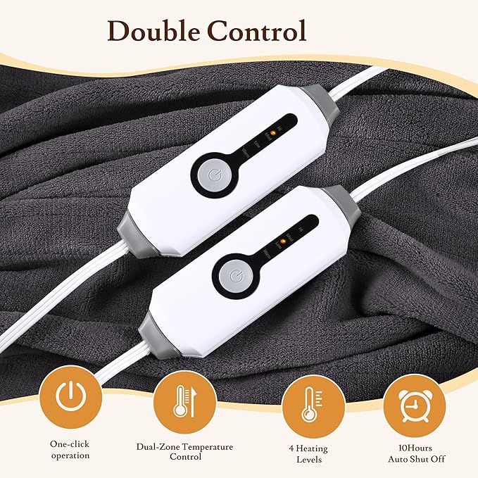 Electric Heated Blanket 84"x90" Queen Size - 4 Heat Settings & Dual Controllers, 10H Auto Shut Off, Ultra-Soft Coral Fleece Heated Blanket with Overheat Protection, Dark Gray