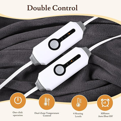 Electric Heated Blanket 90"x100" King Size - 4 Heat Settings & Dual Controllers, 10H Auto Shut Off, Ultra-Soft Coral Fleece Heated Blanket with Overheat Protection, Dark Grey
