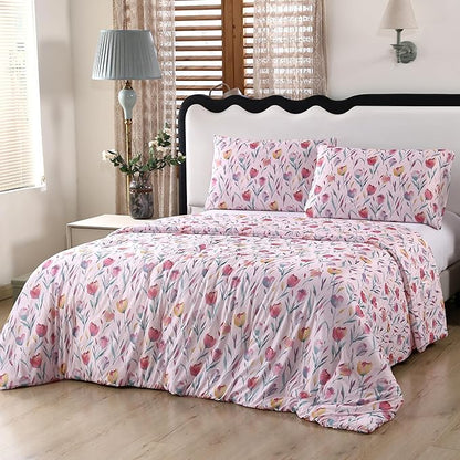 SDIII Pink Floral Queen Comforter Set 3 Pieces, Silky Breathable Microfiber and Spandex, Pink Floral Bedding Queen for Girls Boys Kids and Teens