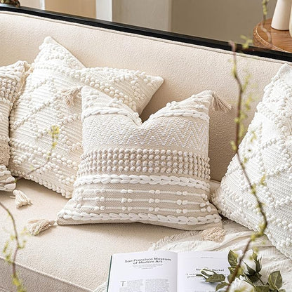 BlissBlush Boho Throw Pillow Cover 22X22, Large Decorative Accent Pillow for Couch, Square Woven Textured Pillowcase, Modern Boho Pillow for Bed, Bohemian Pillow Cover, Cream White (Pack of 1)