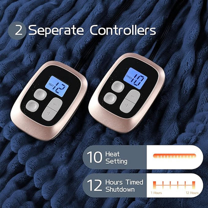 Electric Heated Blanket Queen Size 84x90 Inch - Ultra Soft Silky Flannel with Ribbed Texture, Dual Zone Controllers with 10 Heating Levels and 12 Hours Auto-Off Feature - Navy Blue