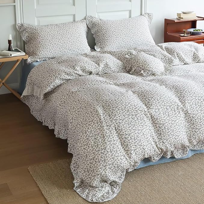 BuLuTu Blue Floral Ruffles Duvet Cover Twin for Kids Girls Boys, Double Layers Gauze Cotton Bedding Twin Quilt Cover with 2 Pillowcases, Soft Breathable Comforter Cover, Zipper & Corner Ties