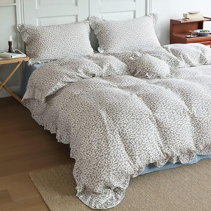 BuLuTu Blue Floral Ruffles Duvet Cover Twin for Kids Girls Boys, Double Layers Gauze Cotton Bedding Twin Quilt Cover with 2 Pillowcases, Soft Breathable Comforter Cover, Zipper & Corner Ties