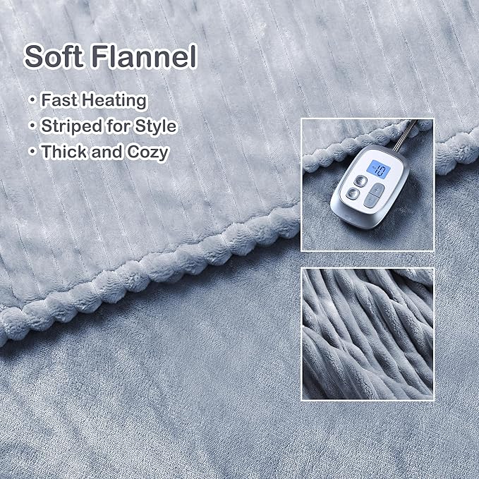 Electric Heated Blanket Full Size 72"x 84", Warming Striped Flannel with 10 Heating Levels & 1-12 Hours Auto Off, Ultra Soft and Thick, Machine Washable, Light Gray