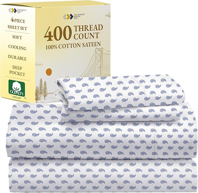 California Design Den Full Size Bed Sheets Set - 400 Thread Count Sateen, Natural 100% Cotton Sheets for Full Size Bed, Deep Pocket and Durable Bedding Set - Paisley Blue