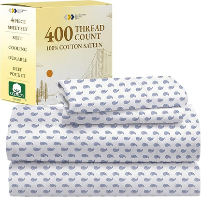 California Design Den Full Size Bed Sheets Set - 400 Thread Count Sateen, Natural 100% Cotton Sheets for Full Size Bed, Deep Pocket and Durable Bedding Set - Paisley Blue