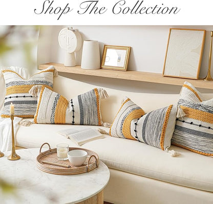 BlissBlush Yellow Mustard Decorative Throw Pillow Cover 18x18 Square Boho Accent Pillowcase Tassels Farmhouse Cushion for Couch Sofa Bedroom Living Room Home Décor Cover ONLY