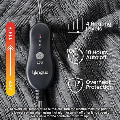 Electric Heated Mattress Pad Queen Size Dual Control Bed Warmer, Deep Pocket, Side Storage Pouch for Controller, Machine Washable, 3D Air Layer Fabric, 60"x80", Black Charcoal