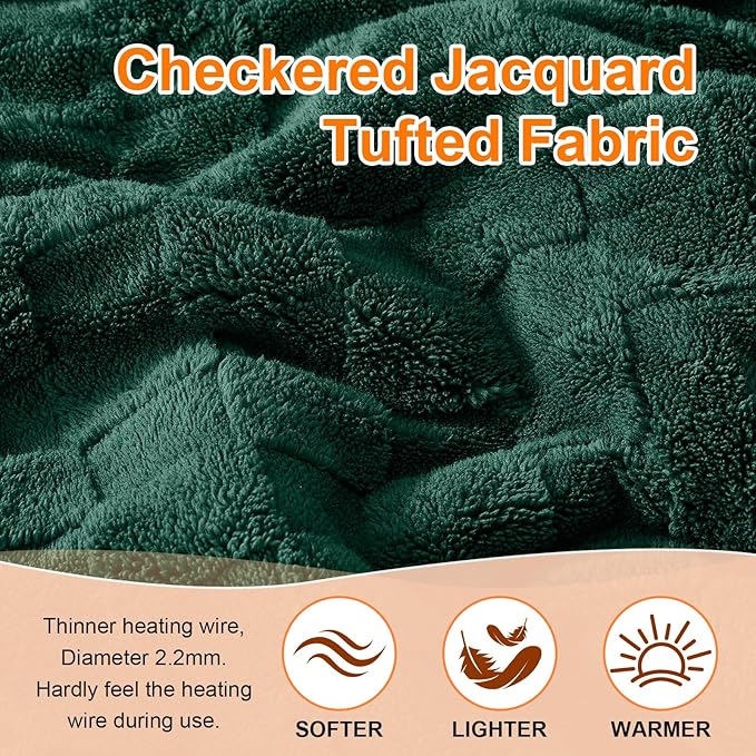 Electric Heated Blanket Queen Size Dual Control - Jacquard Checkered Sherpa 84"x90" Fast Heating Bed Blankets with 6 Heating Levels & 10 Hours Auto Off, Over-Heat Protection ETL, Dark Green