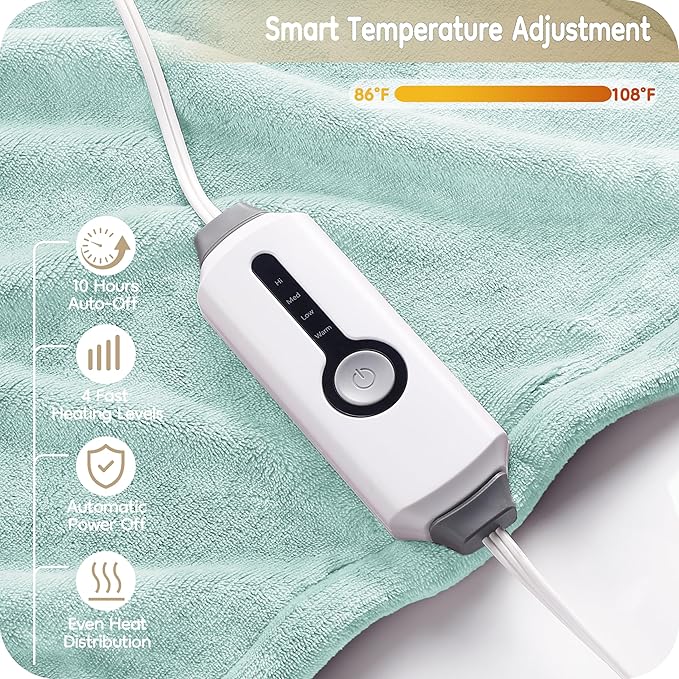 Electric Heated Blanket Full Size 72×84, Breathable & Luxurious Flannel, Soft Warm Gift with Over-Heat Protection, 4 Heating Levels & 10 H Auto Shut Off, Machine Washable, Lighg Green