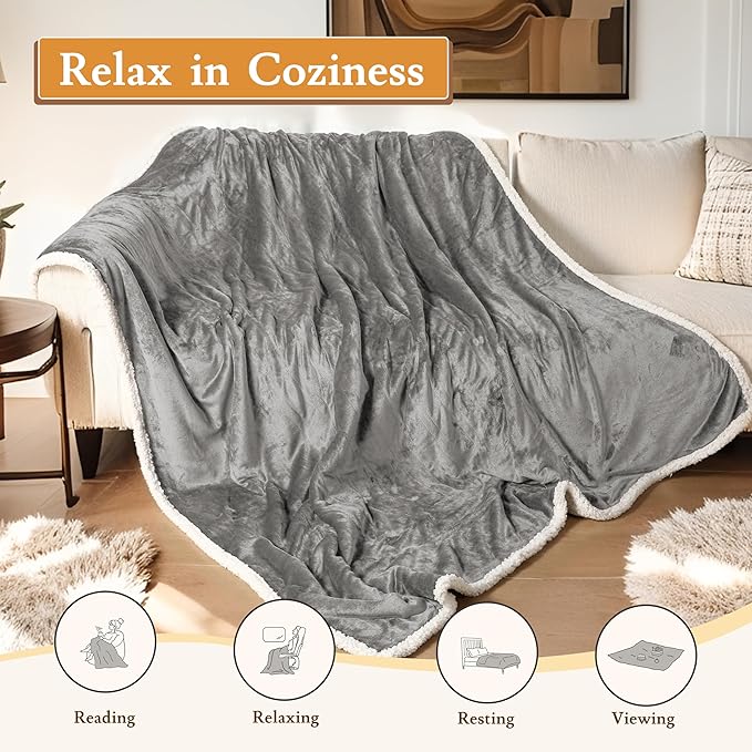 Electric Heated Blanket Flannel & Sherpa 62"x84" Twin Size - 4 Heat Levels 10H Auto Shut Off Fast Heating Cozy and Comfortable Warm Gifts, Machine Washable - Light Gray