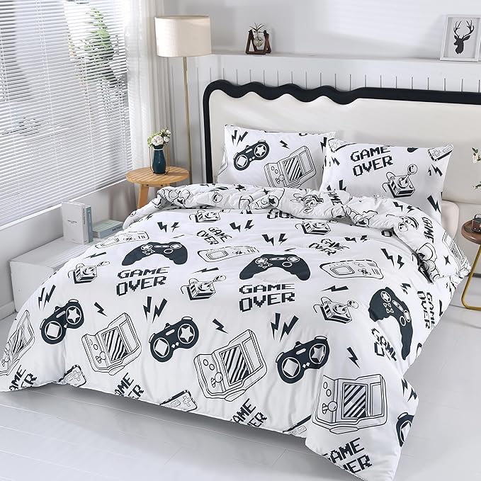 SDIII 3PCS White Gaming Comforter Set Twin, Soft Microfiber Lightweight Gamer Comforter Sets for Boys Girls Kids Teens, Video Game Bedding Quilt Twin