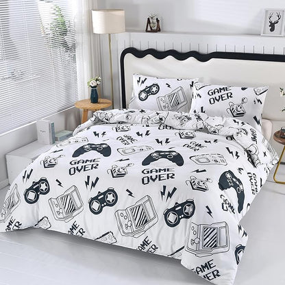 SDIII 3PCS White Gaming Comforter Set Twin, Soft Microfiber Lightweight Gamer Comforter Sets for Boys Girls Kids Teens, Video Game Bedding Quilt Twin