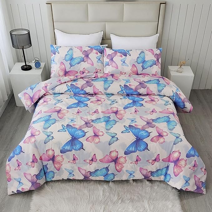 SDIII 3PCS Colorful Butterfly Comforter Set Twin, Soft Microfiber Lightweight Butterfly Comforter Twin, Butterflies Bedding for Girls Boys Kids Teens