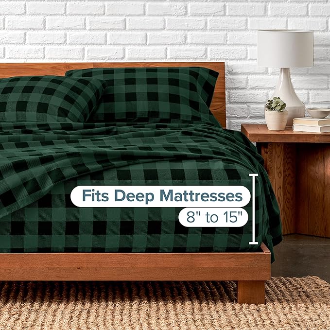 Bare Home Flannel Sheet Set Prints, 100% Cotton, Velvety Soft Heavyweight - Double Brushed Flannel - Deep Pocket (Full, Buffalo Plaid - Forest Green/Black)
