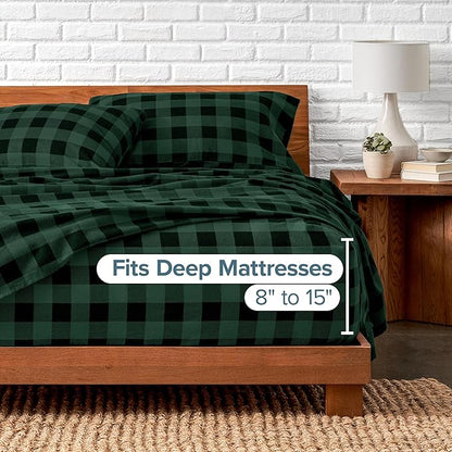 Bare Home Flannel Sheet Set Prints, 100% Cotton, Velvety Soft Heavyweight - Double Brushed Flannel - Deep Pocket (Full, Buffalo Plaid - Forest Green/Black)