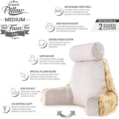 Husband Pillow Medium Ultra Rare Baby Amber Fox Fabulous Faux Fur Backrest, 2-Tone Reversible Double Sided Reading & Bed Rest Pillow with Arms & Neck Roll, Adjustable Memory Foam - Extremely Comfy