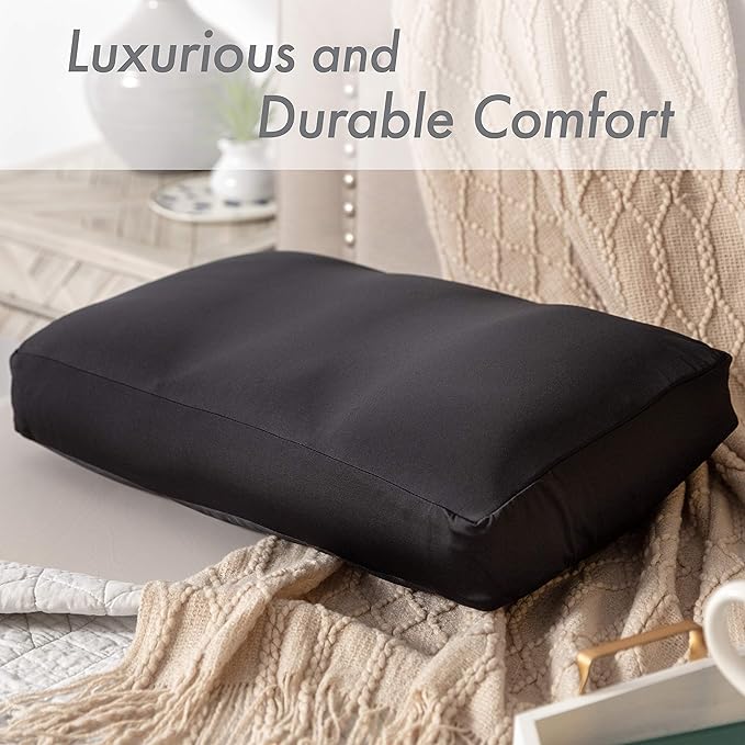 PILLOWY Premium Microbead Bed Pillow, X-Large Extra Fluffy But Supportive - Ultra Comfortable Sleep with Silk Like Anti Aging Cover 85% Spandex/ 15% Nylon Breathable, Cooling Matte Black
