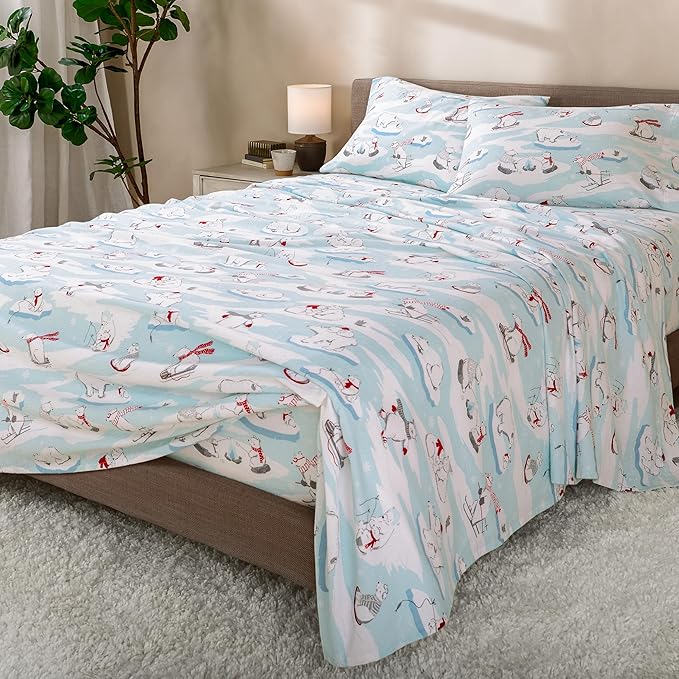Bare Home Cotton Flannel Sheet Set Prints, 100% Cotton, Velvety Soft Heavyweight - Double Brushed for Softness & Comfort - Deep Pocket - Bed Sheets - Cotton - Flannel - Printed (Cal King, Polar Bears)