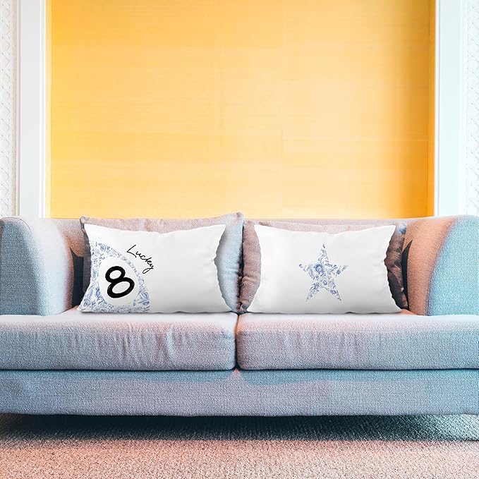 Chinoiserie Trendy Lucky 8 Ball Star Pillow Covers 12x20 Set of 2, Grandmillennial Blue and White Floral Ball Star Decorative Lumbar Pillow Covers for Home Bedroom Living Room
