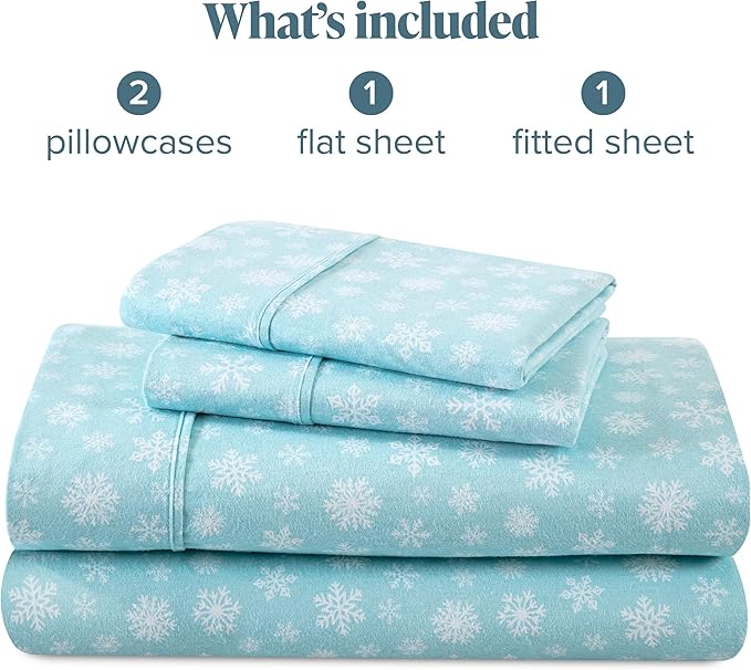 Bare Home Flannel Sheet Set Prints, 100% Cotton, Velvety Soft Heavyweight - Double Brushed Flannel for Extra Softness & Comfort - Deep Pocket - Bed Sheets (King, Snowdrift)