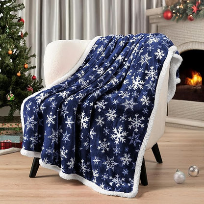 PAVILIA Blue Snowflake Christmas Sherpa Throw Blanket, Reversible Fleece Sherpa Cozy Holiday Blanket 50x60, Soft Winter Throw for Couch & Bed, Plush Cozy Warm