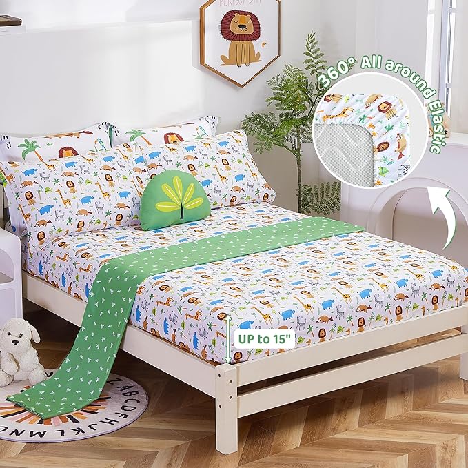 Mooreeke Kids Twin Comforter Sets for Boys Girls 6 Pieces Animal Bedding Set for Teens Microfiber Lion Elephant Kids Bed in A Bag with Comforter, Sheet Set, Shams and Decorative Toy Pillow All Season
