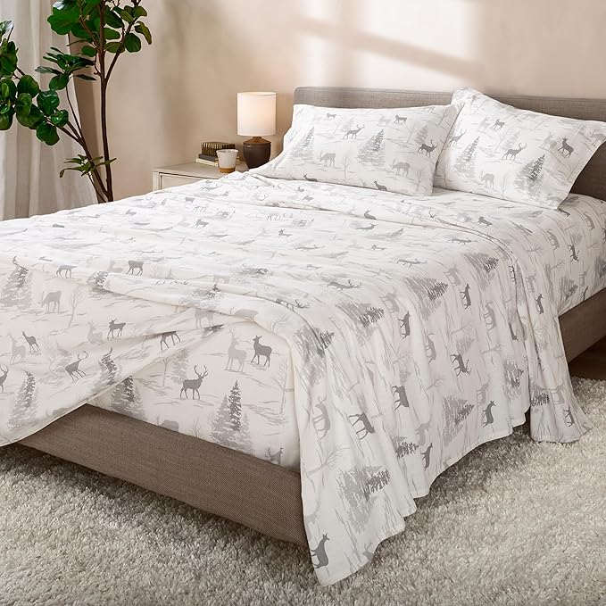 Bare Home Flannel Sheet Set Prints, 100% Cotton, Velvety Soft Heavyweight - Double Brushed Flannel for Extra Softness & Comfort - Deep Pocket - Bed Sheets (Cal King, Elk)