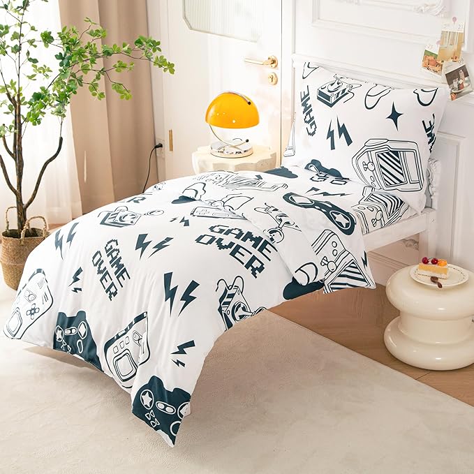 SDIII 4 Piece Gamer Toddler Bedding Set, Soft Microfiber Gaming Toddler Bedding Sets for Boys with Comforter, Fitted Sheet, Flat Sheet and Pillowcase