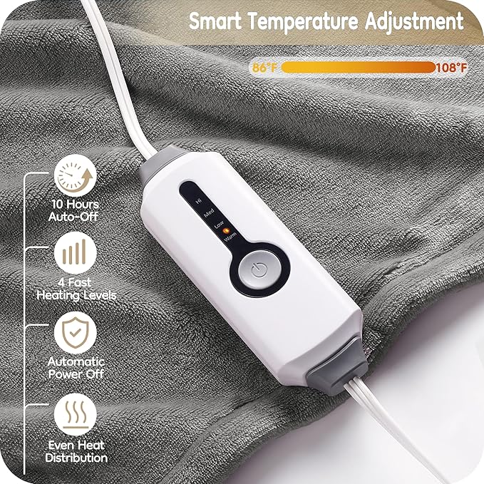 Electric Heated Blanket Twin Size 62×84, Breathable & Luxurious Flannel,Soft Warm Gift with Over-Heat Protection,4 Heating Levels & 10 H Auto Shut Off, Machine Washable, Light Grey
